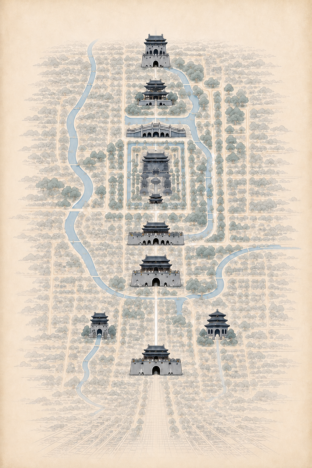 从钟鼓楼到永定门的北京中轴线手绘地图